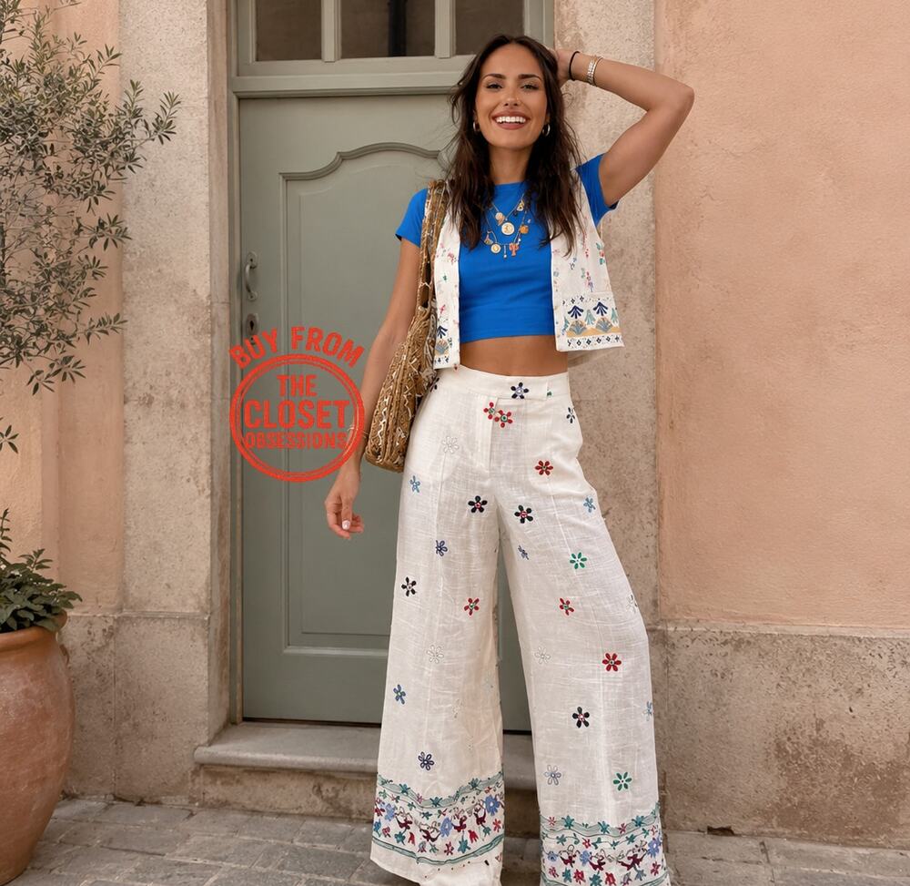 Zara NWT Embroidered Linen Blend Vest Wide Leg Pants Set M